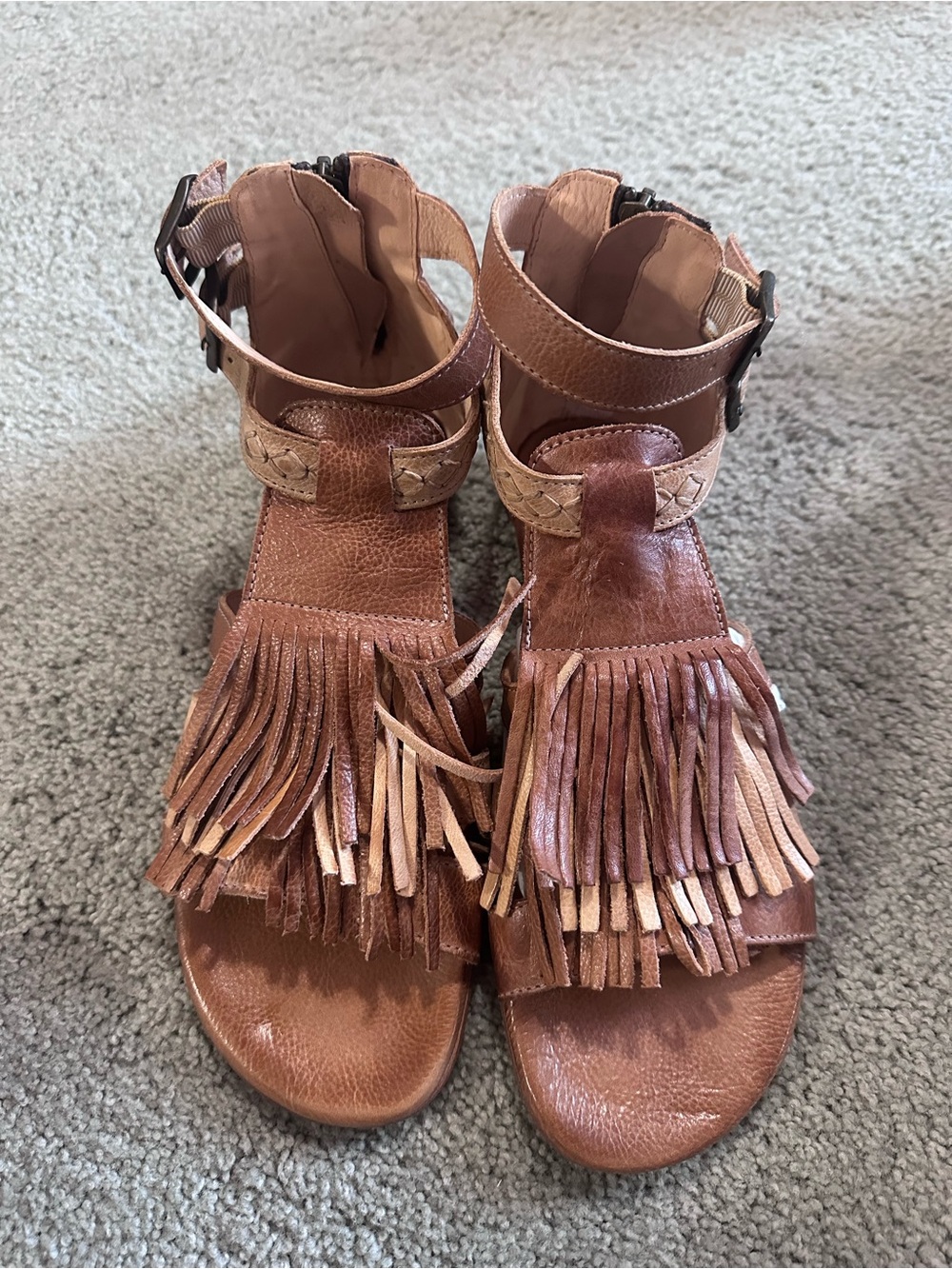 Bed Stu Brown Fringe Ankle-Strap Sandals